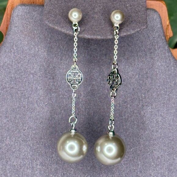 Tory Burch Jewelry - Tory Burch Silver Logo Dangle Pearl Drop Earrings - Elegant Minimalist Jewelry